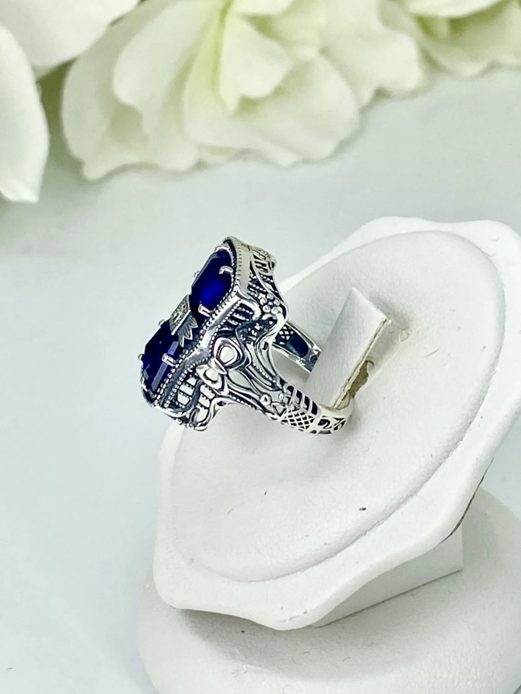 Blue Sapphire Ring, Versailles Sterling Silver Bow & Baguette CZ Ring, Baroque Jewelry D595