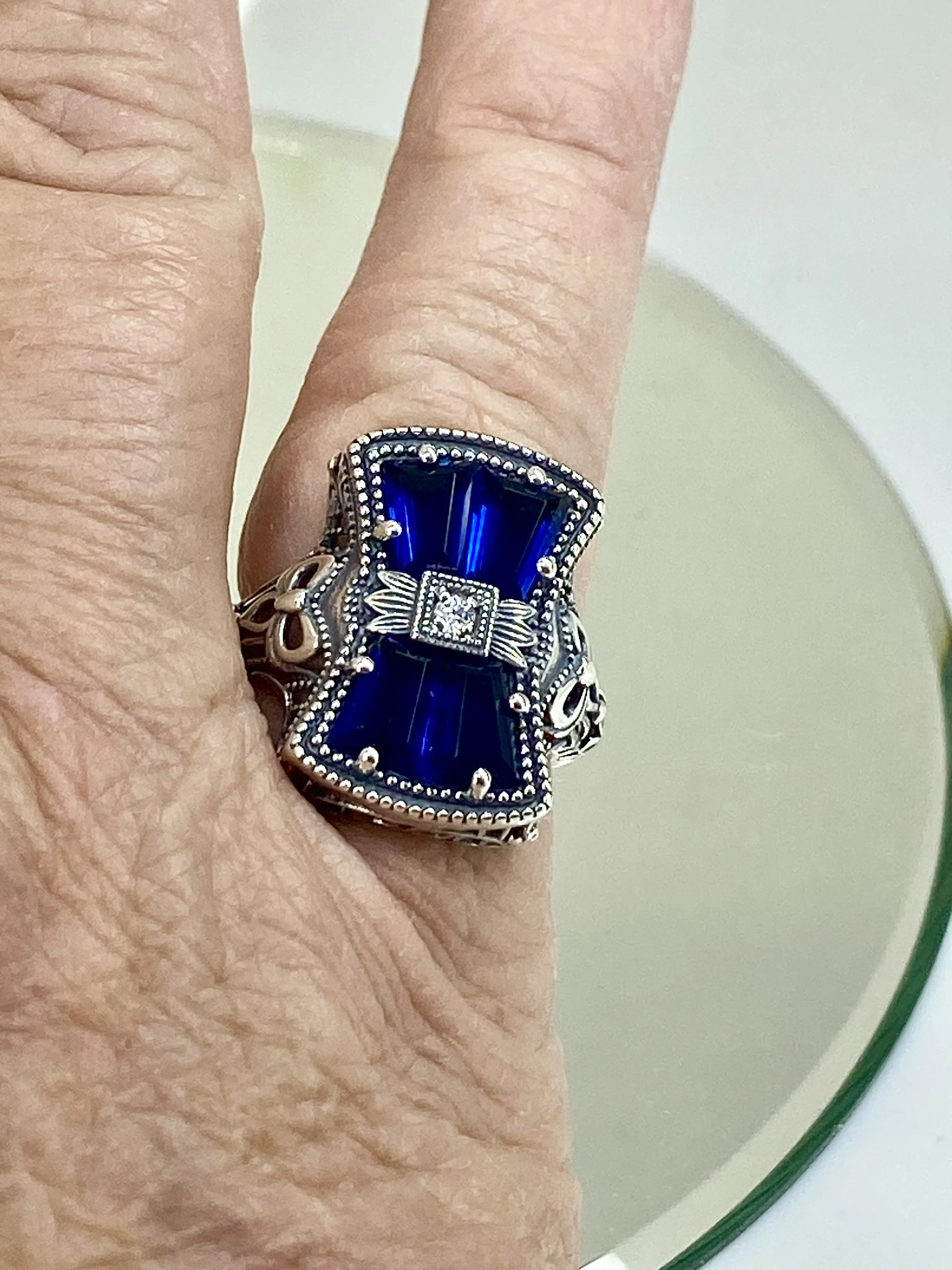Blue Sapphire Ring, Versailles Sterling Silver Bow & Baguette CZ Ring, Baroque Jewelry D595
