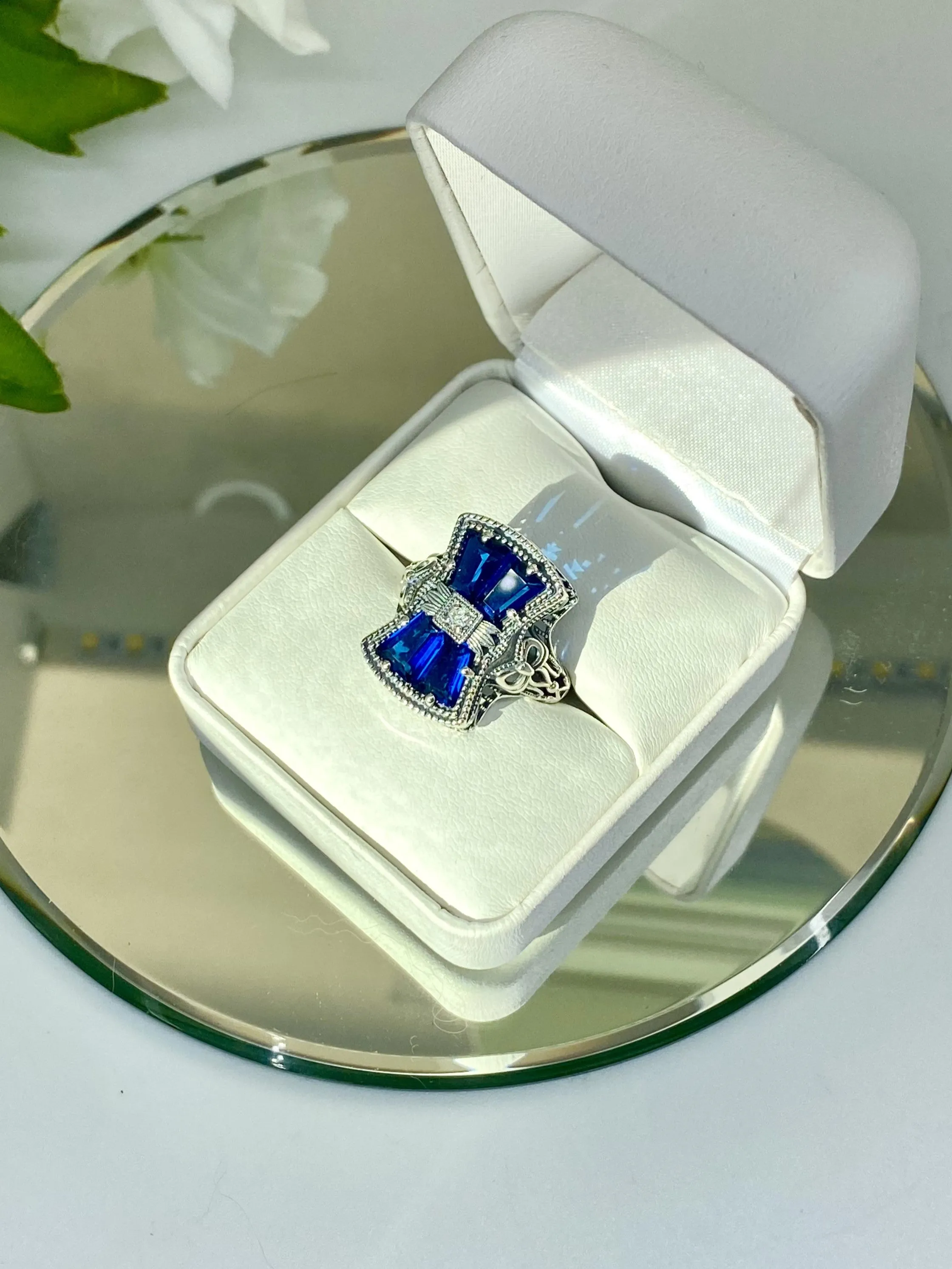 Blue Sapphire Ring, Versailles Sterling Silver Bow & Baguette CZ Ring, Baroque Jewelry D595