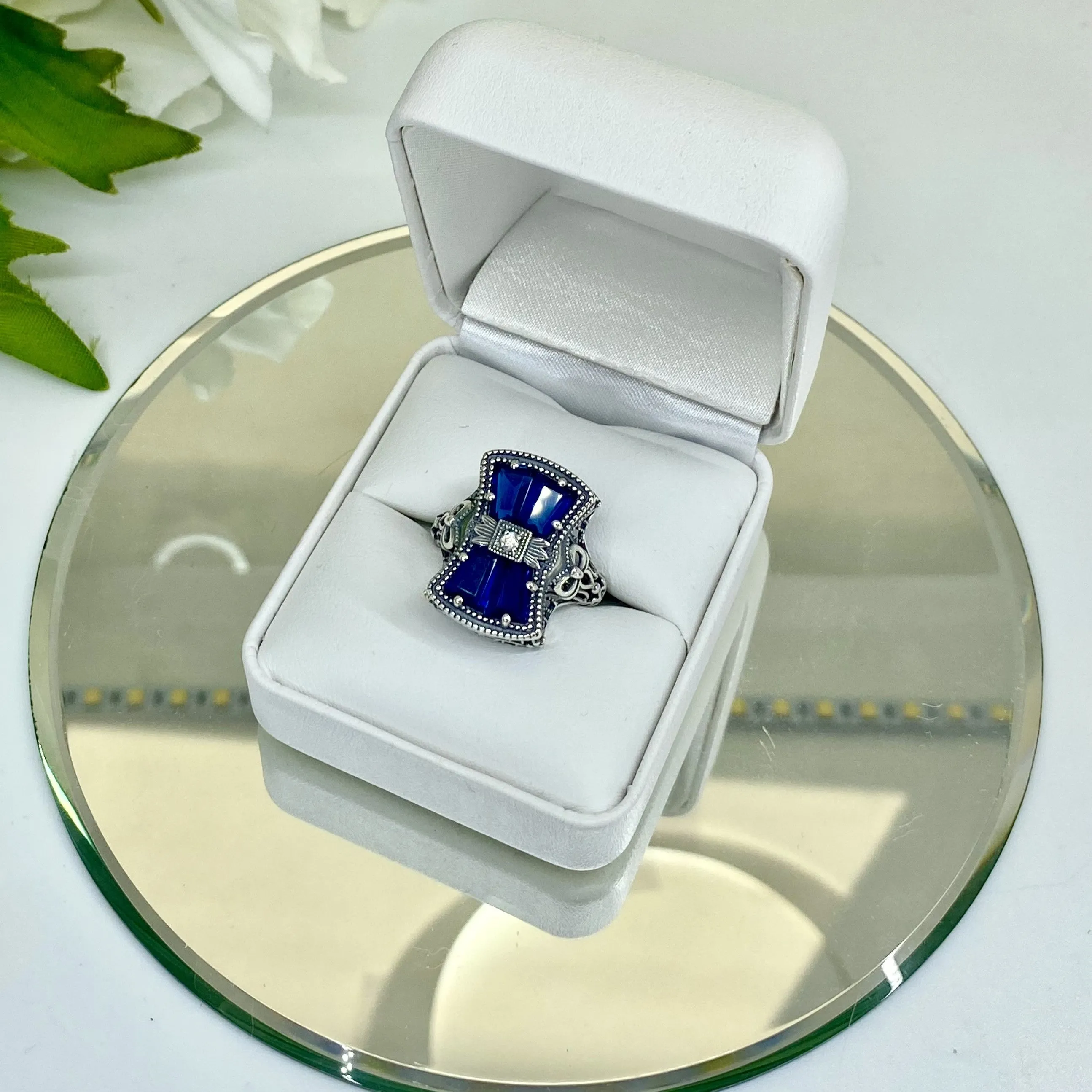 Blue Sapphire Ring, Versailles Sterling Silver Bow & Baguette CZ Ring, Baroque Jewelry D595