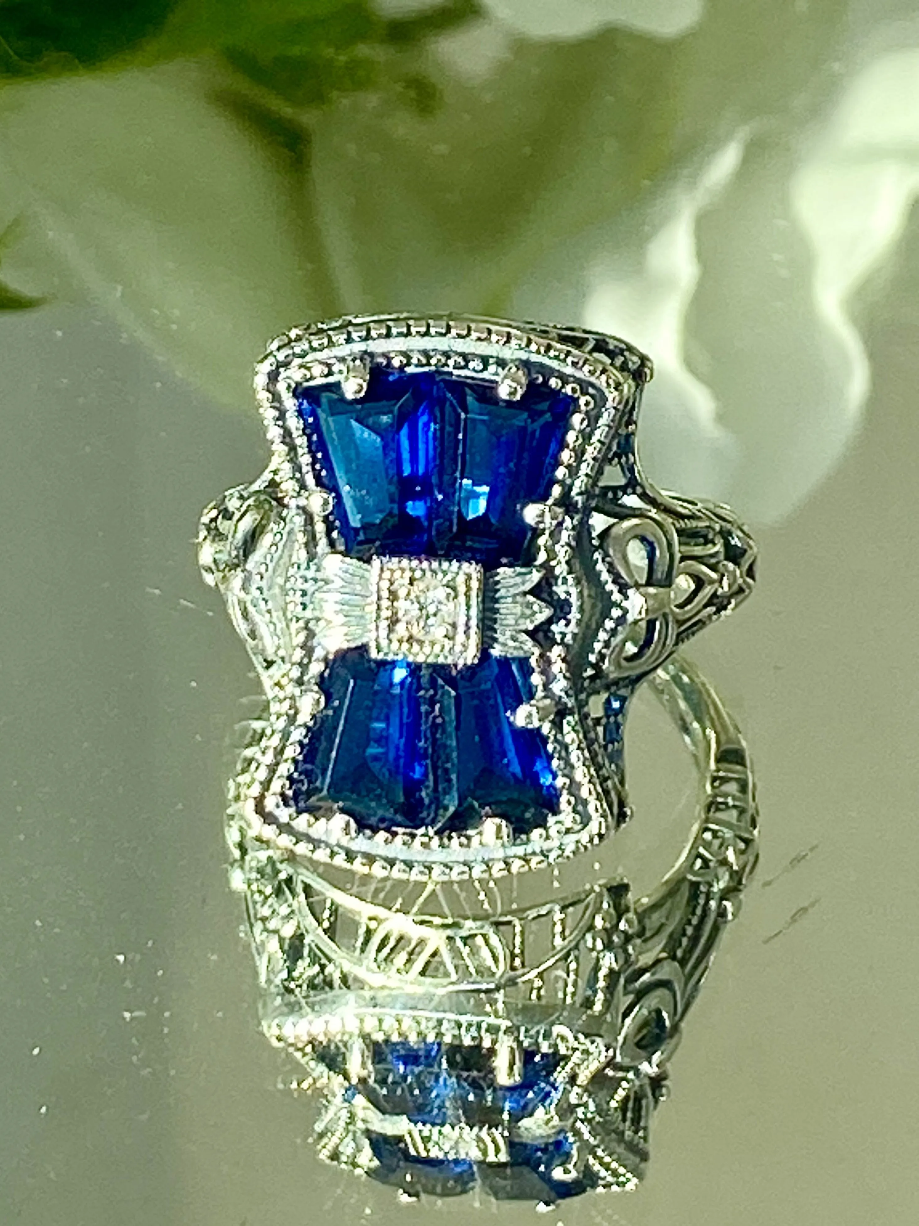 Blue Sapphire Ring, Versailles Sterling Silver Bow & Baguette CZ Ring, Baroque Jewelry D595