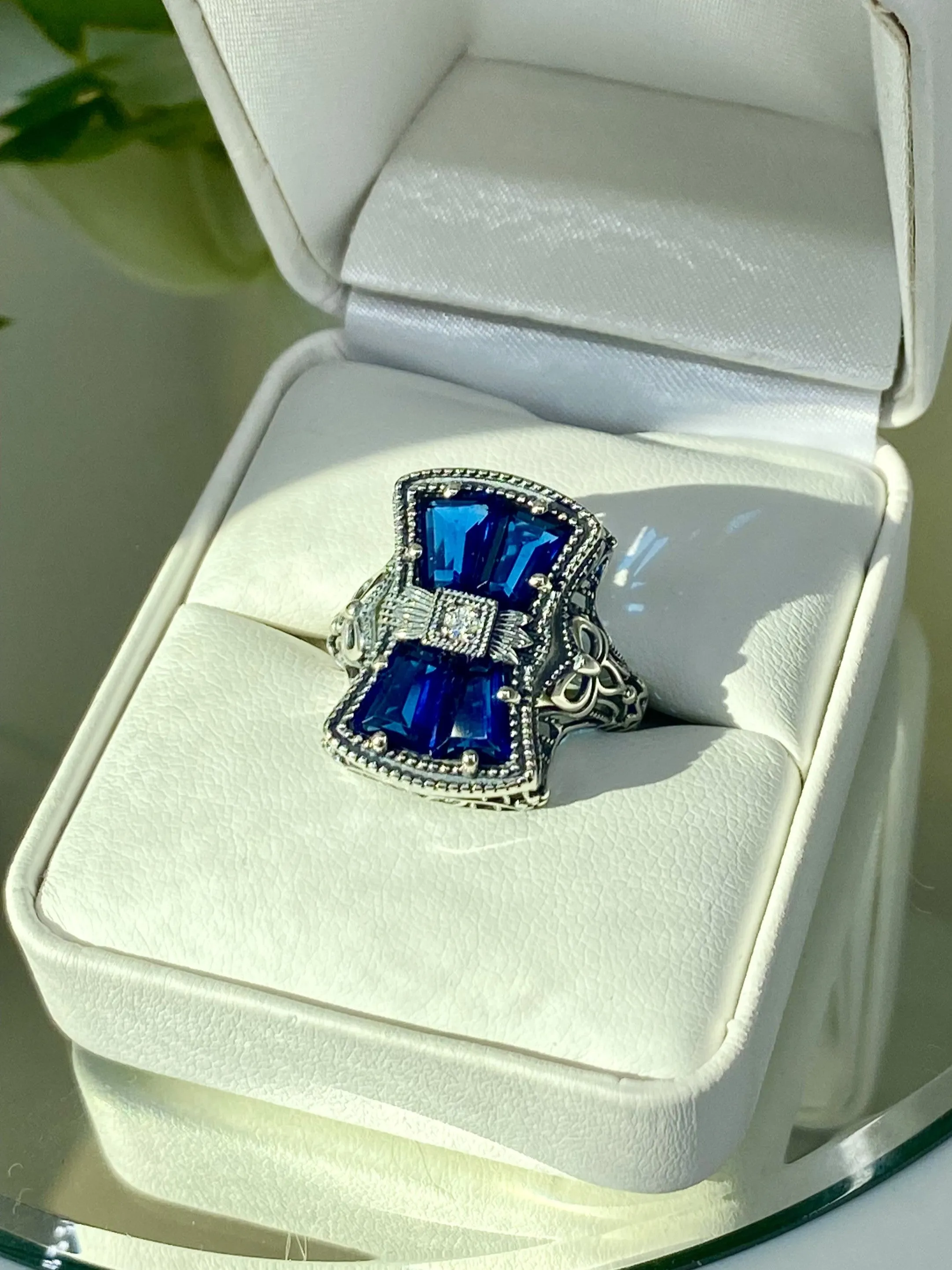 Blue Sapphire Ring, Versailles Sterling Silver Bow & Baguette CZ Ring, Baroque Jewelry D595