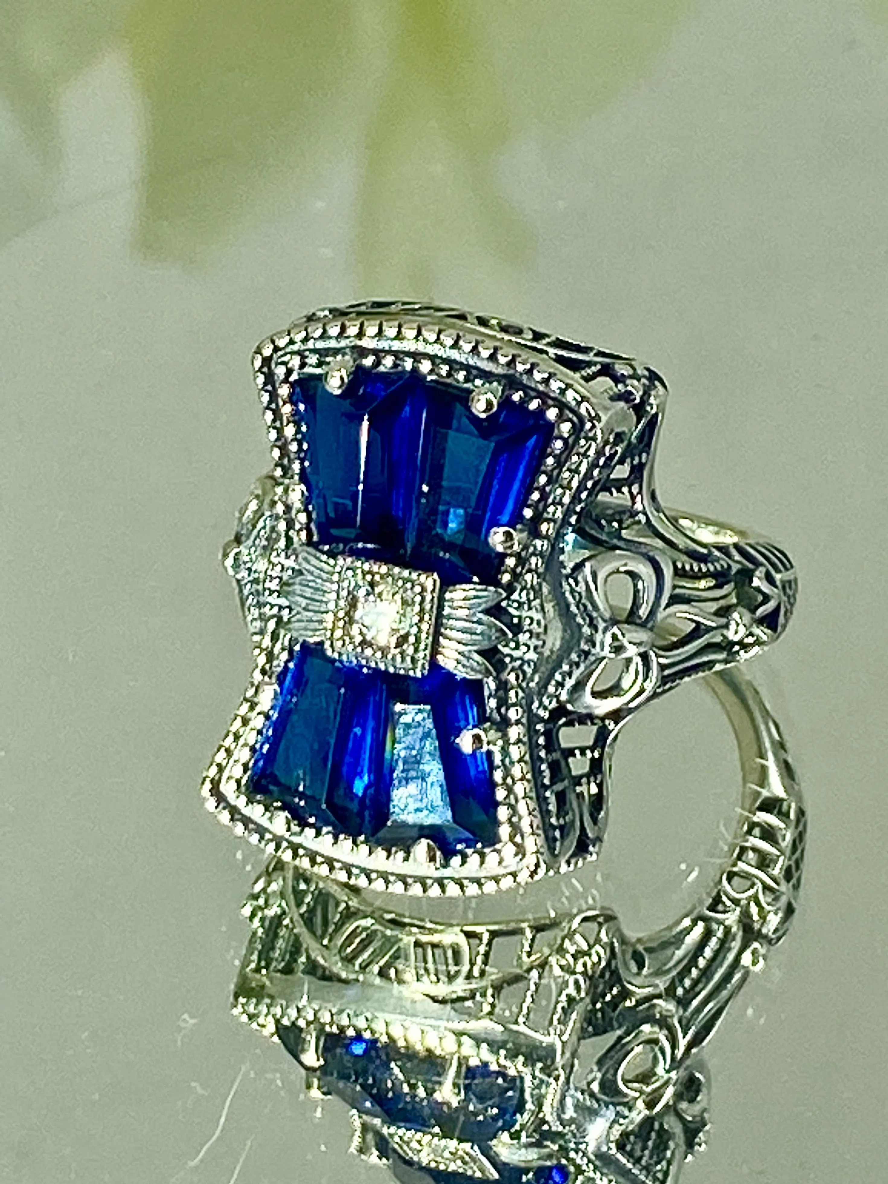 Blue Sapphire Ring, Versailles Sterling Silver Bow & Baguette CZ Ring, Baroque Jewelry D595