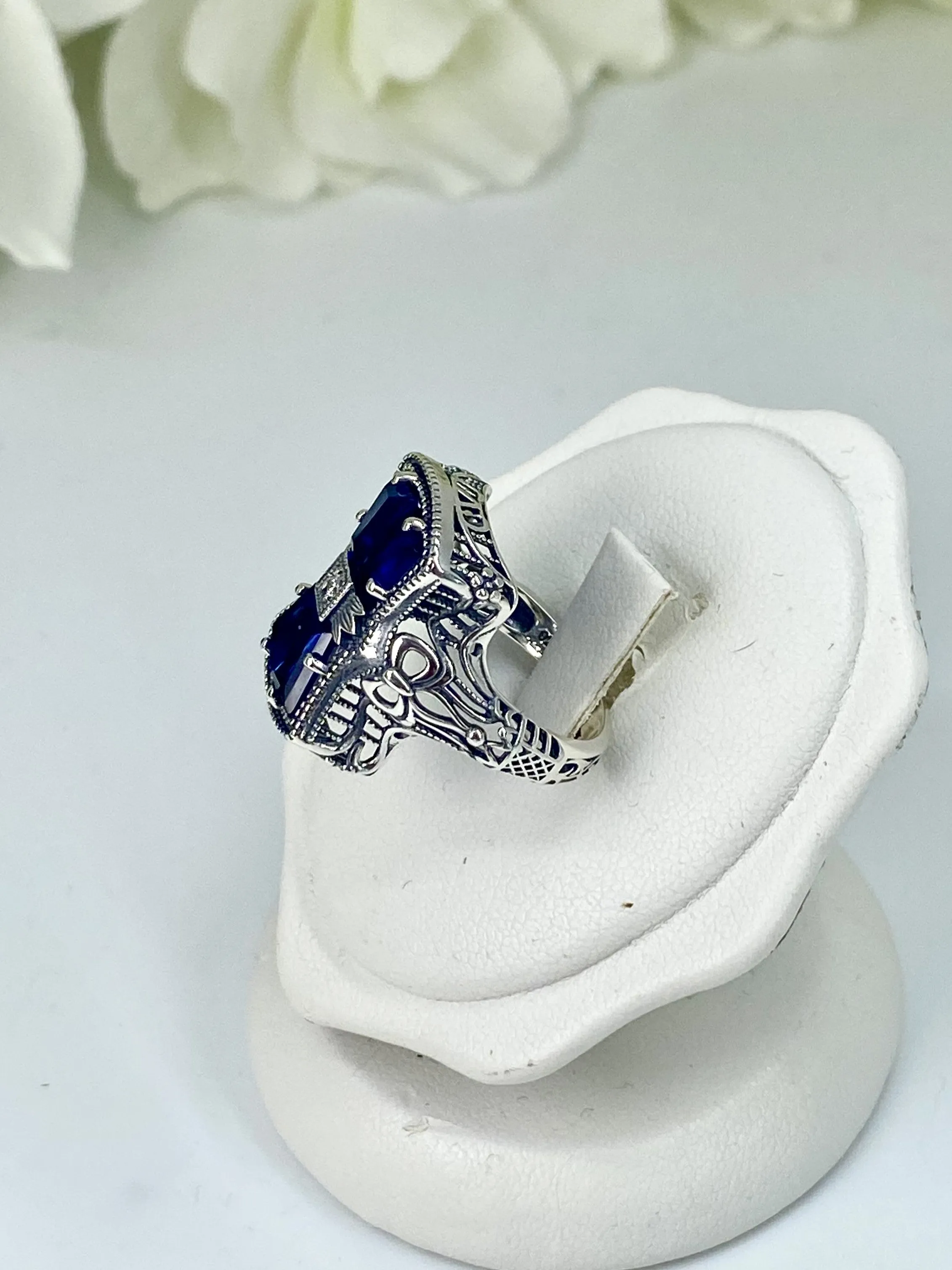 Blue Sapphire Ring, Versailles Sterling Silver Bow & Baguette CZ Ring, Baroque Jewelry D595