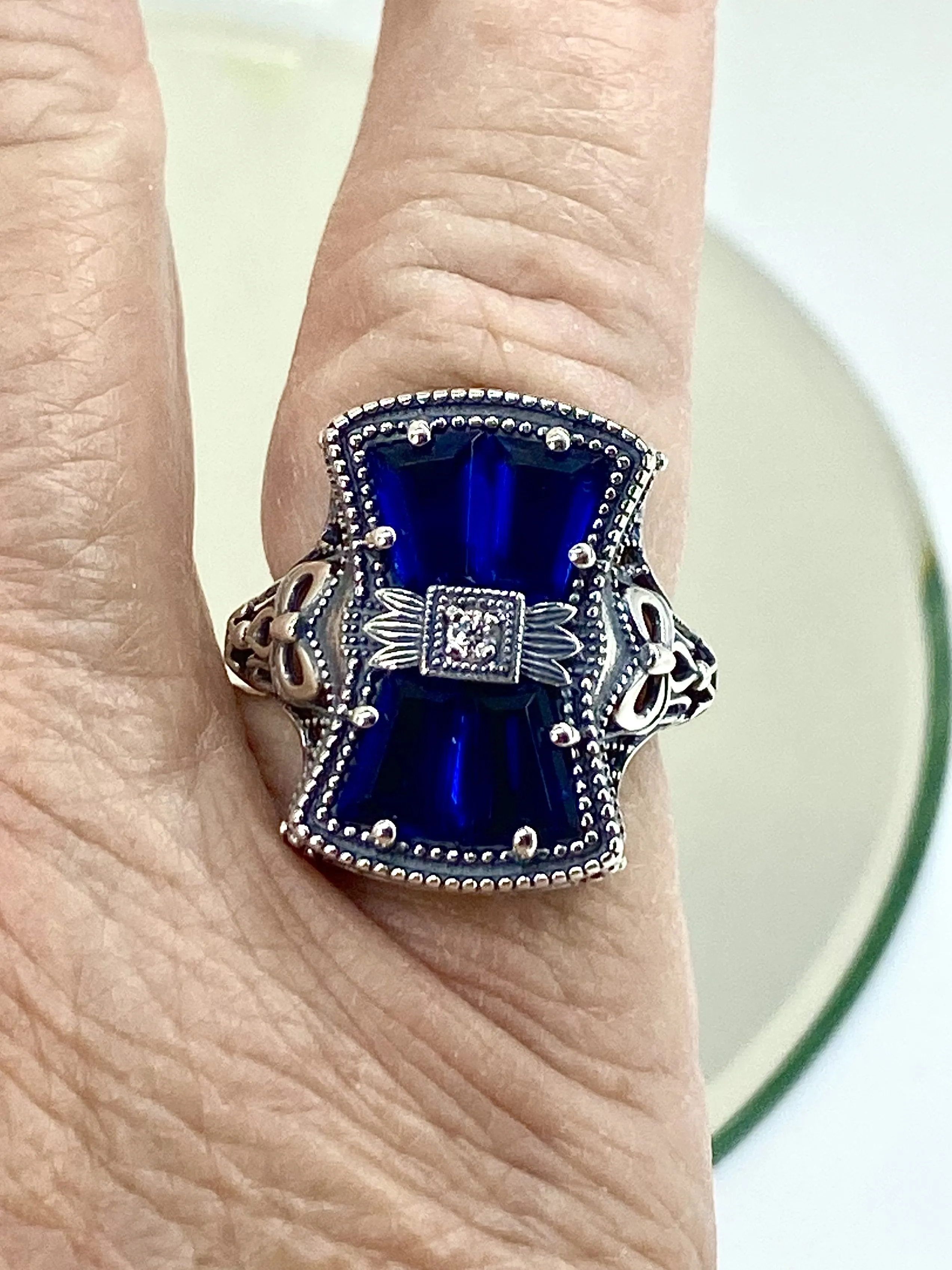 Blue Sapphire Ring, Versailles Sterling Silver Bow & Baguette CZ Ring, Baroque Jewelry D595