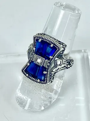 Blue Sapphire Ring, Versailles Sterling Silver Bow & Baguette CZ Ring, Baroque Jewelry D595