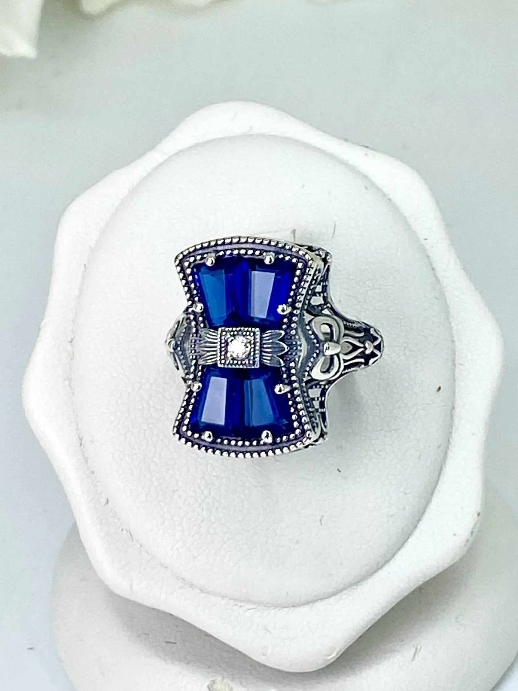 Blue Sapphire Ring, Versailles Sterling Silver Bow & Baguette CZ Ring, Baroque Jewelry D595