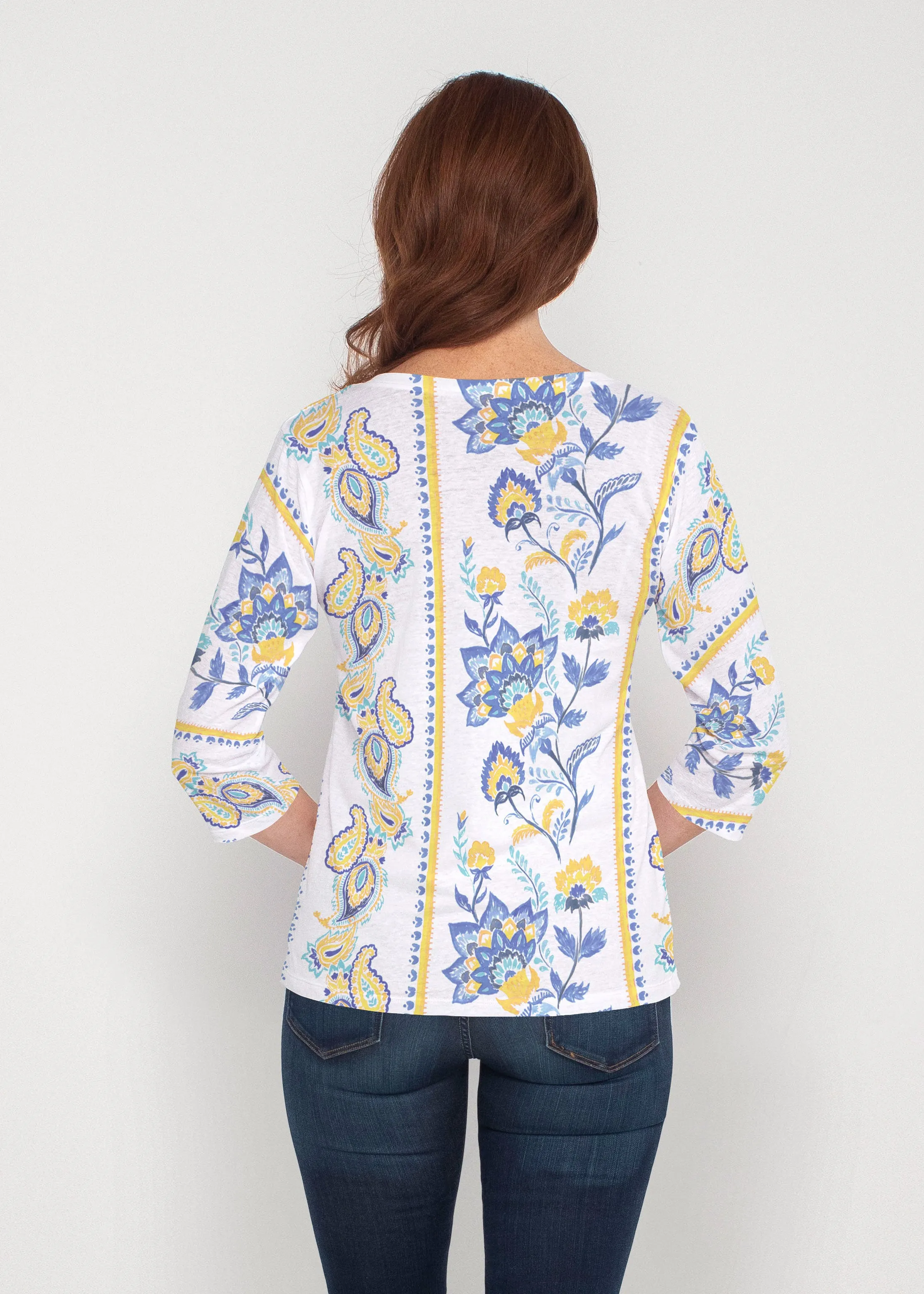 Bohemian Chintz Yellow (7898) ~ Signature 3/4 Sleeve V-Neck Top