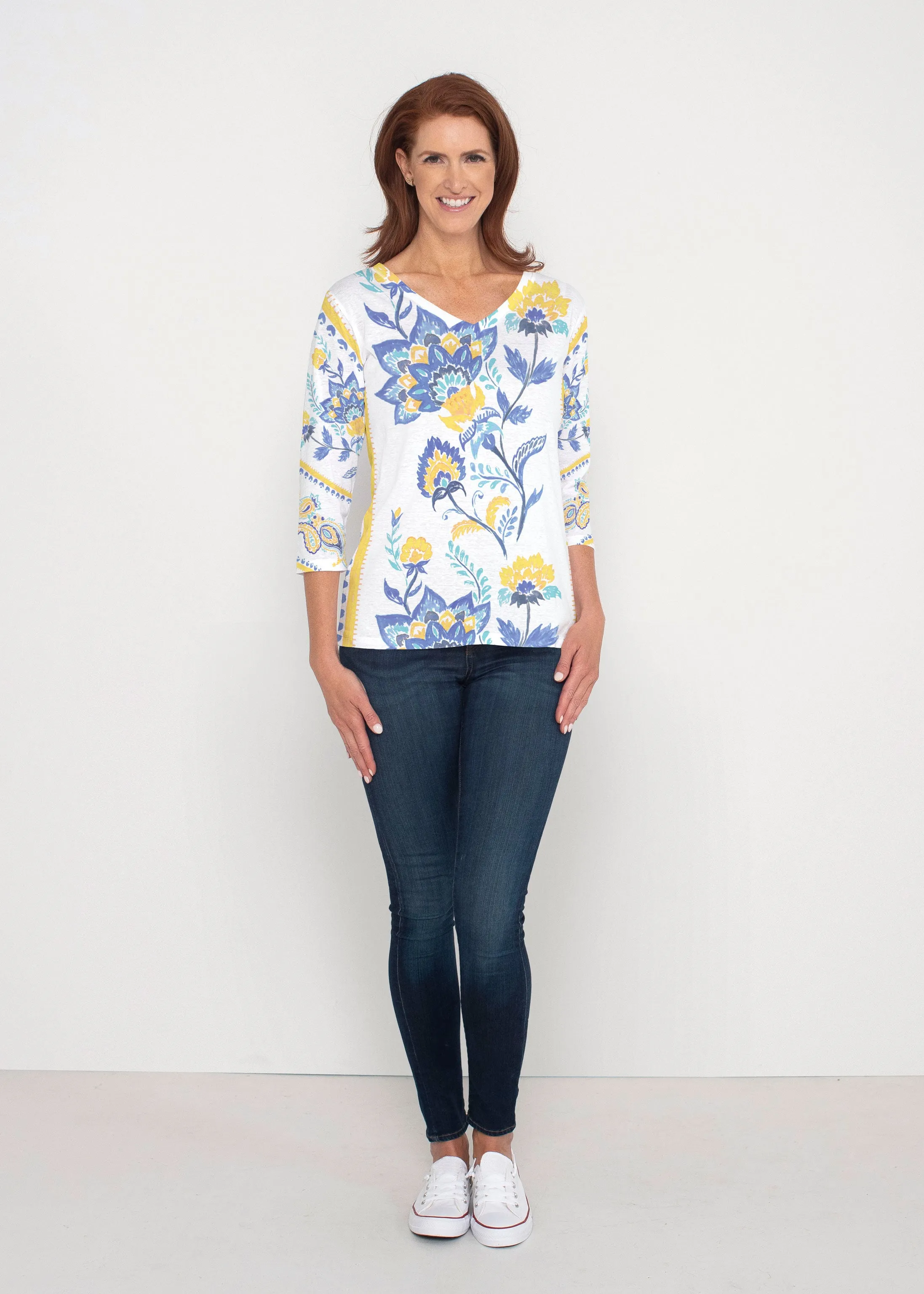 Bohemian Chintz Yellow (7898) ~ Signature 3/4 Sleeve V-Neck Top