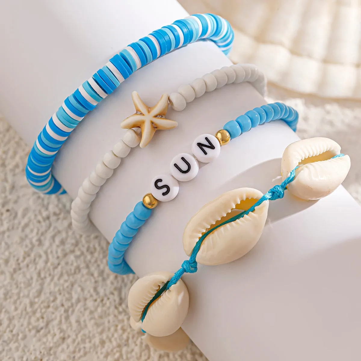 Boho Layered Shell Starfish Polymer Clay Letter Beaded Bracelet Set