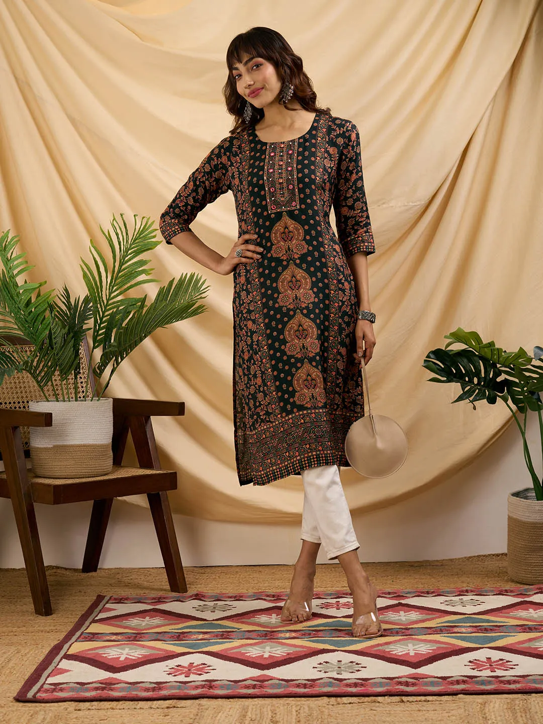 Bottle Green Kurta - Women Muslin Comfort Fit Kurta - Zola