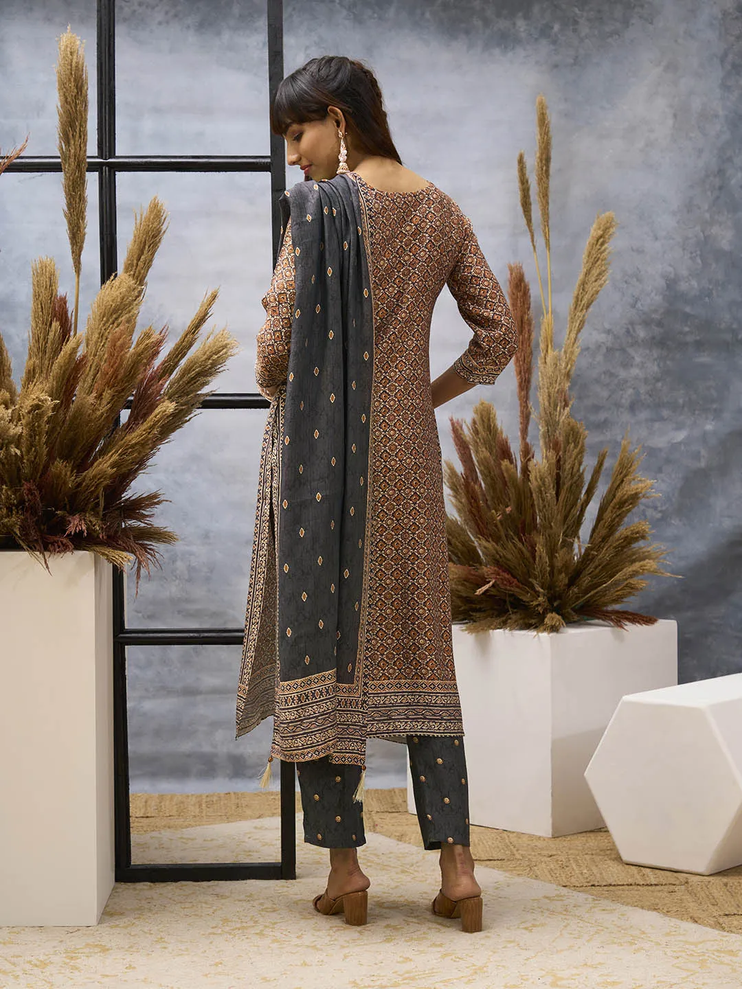 Brown Kurta Set - Women Chanderi Silk Comfort Kurta Set with Dupatta - Zola