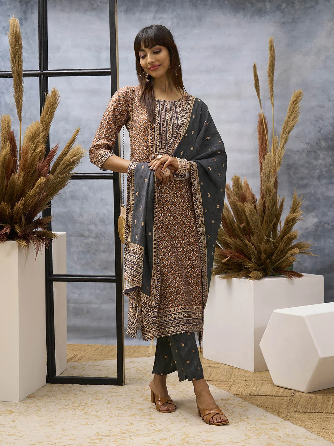 Brown Kurta Set - Women Chanderi Silk Comfort Kurta Set with Dupatta - Zola