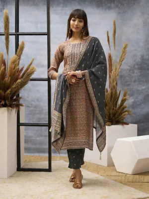 Brown Kurta Set - Women Chanderi Silk Comfort Kurta Set with Dupatta - Zola