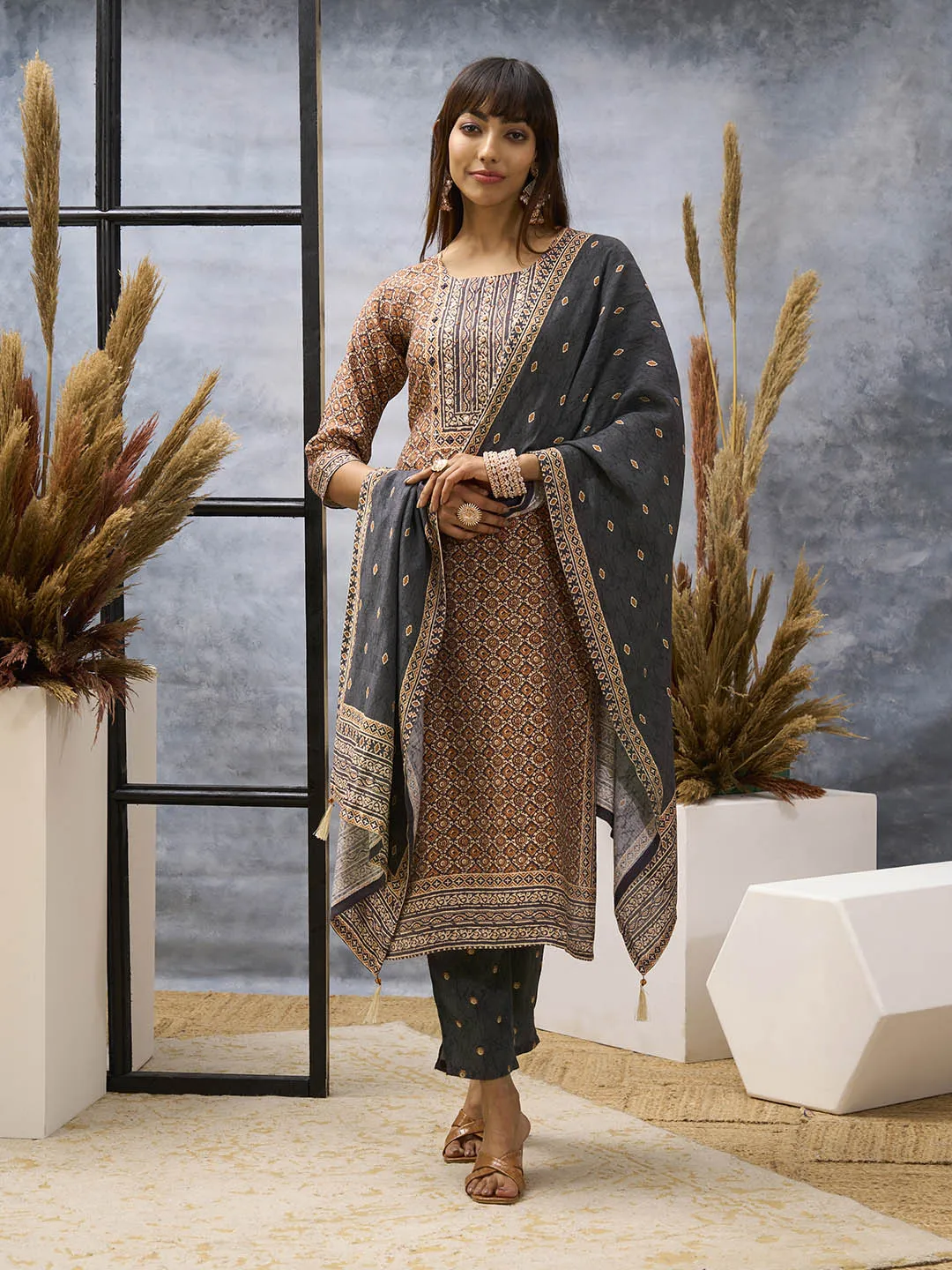 Brown Kurta Set - Women Chanderi Silk Comfort Kurta Set with Dupatta - Zola