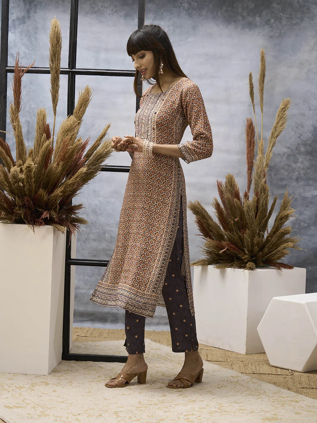 Brown Kurta Set - Women Chanderi Silk Comfort Kurta Set with Dupatta - Zola
