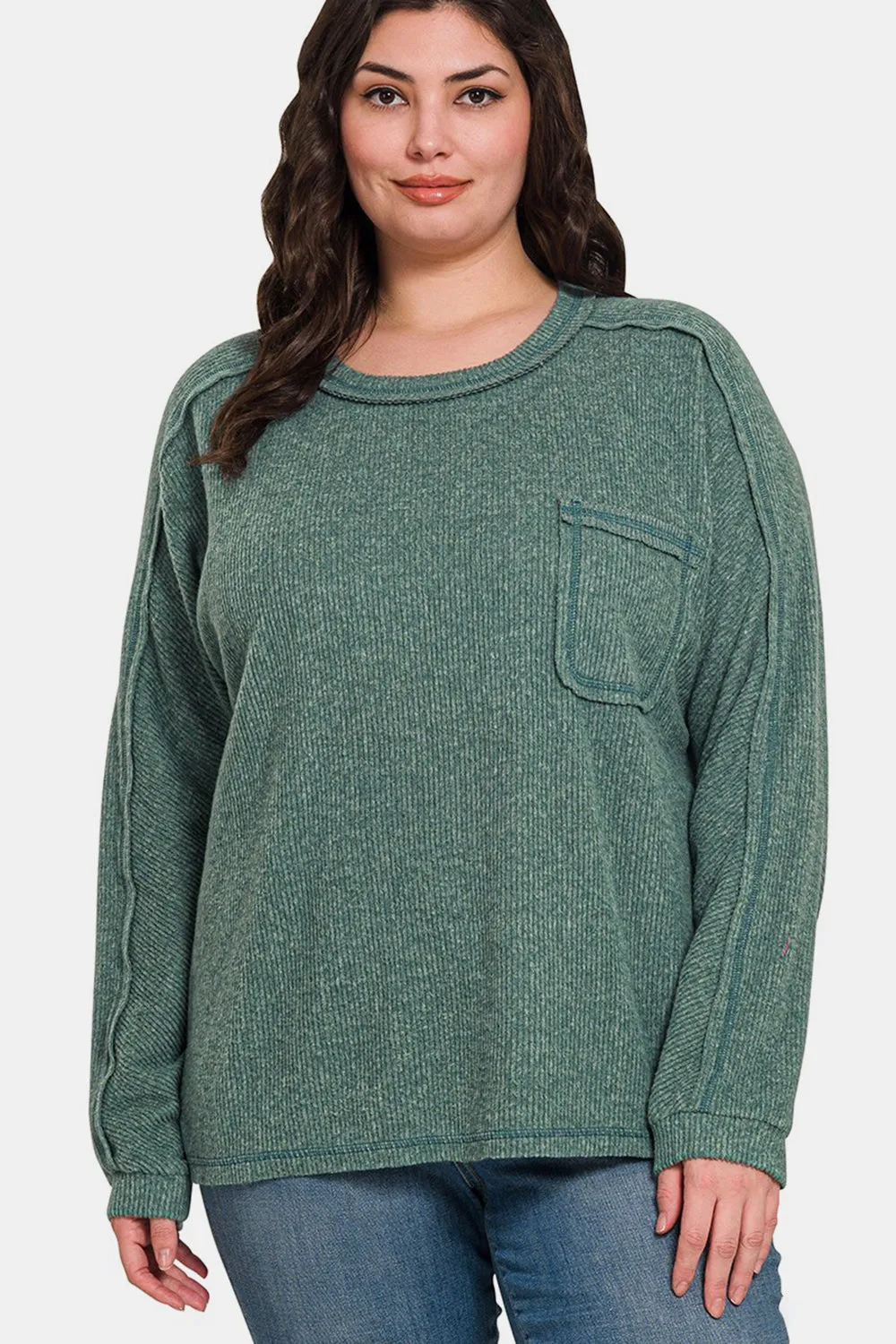 Brushed Ribbed Hacci Knit Top by Zenana - Green (Ships in 2-3 Weeks)