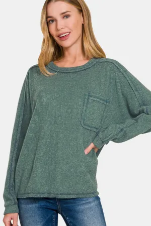 Brushed Ribbed Hacci Knit Top by Zenana - Green (Ships in 2-3 Weeks)