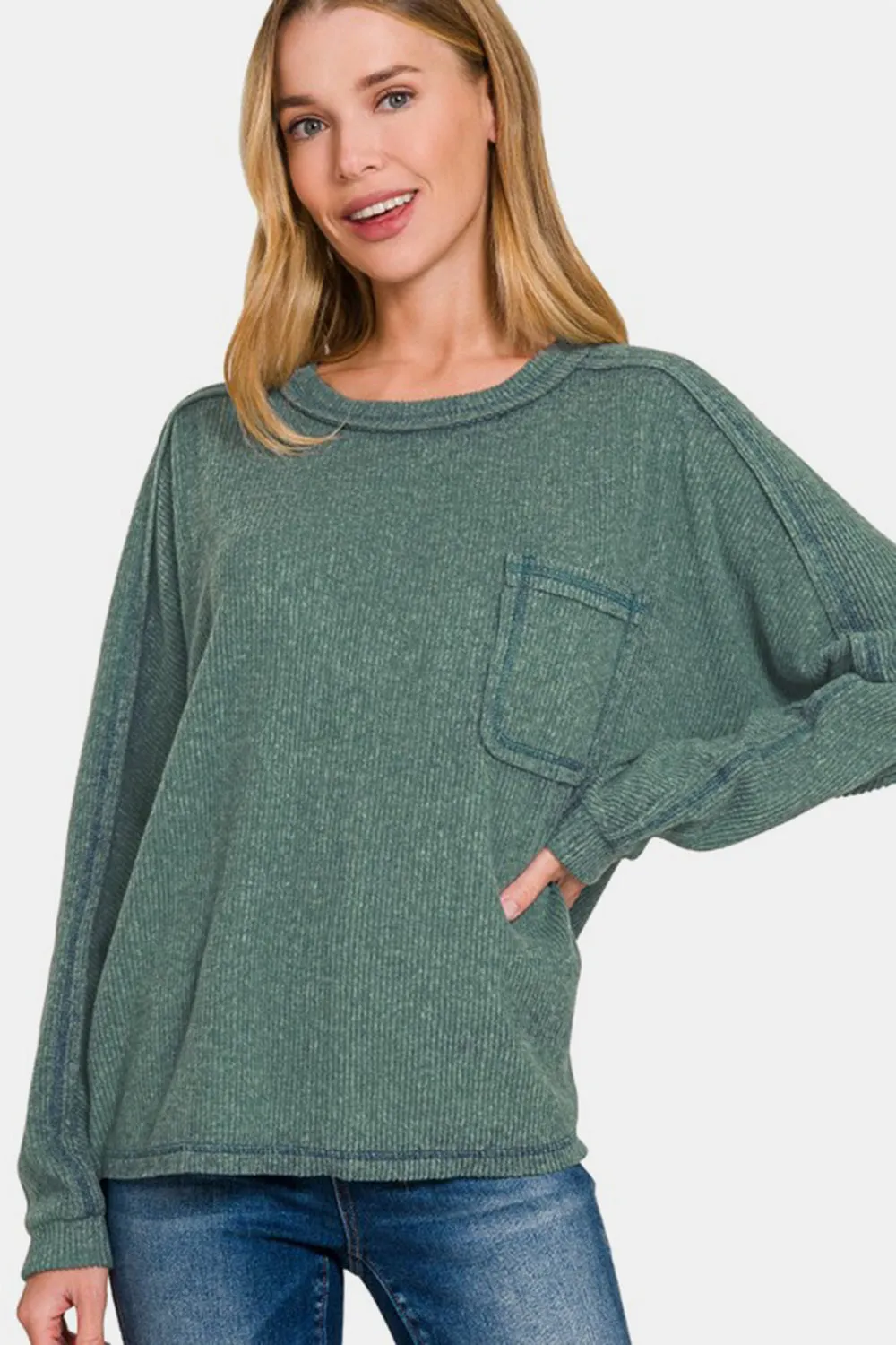 Brushed Ribbed Hacci Knit Top by Zenana - Green (Ships in 2-3 Weeks)
