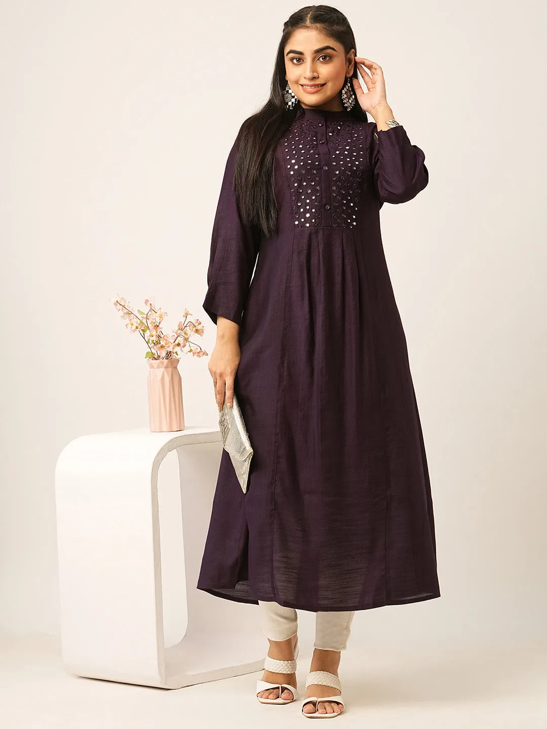 Buy Wine Comfort Fit Rayon Kurta for women online - Zola