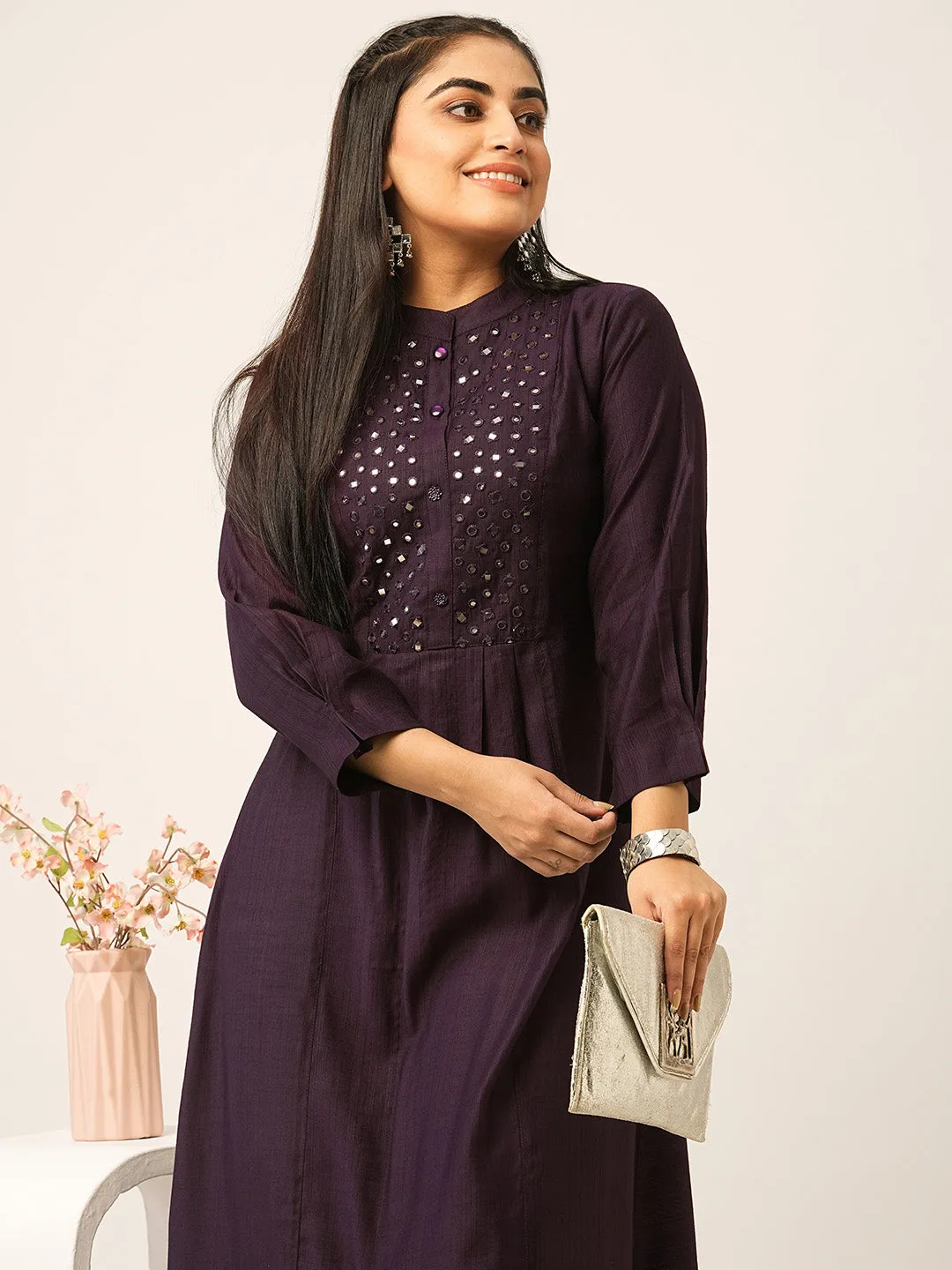 Buy Wine Comfort Fit Rayon Kurta for women online - Zola