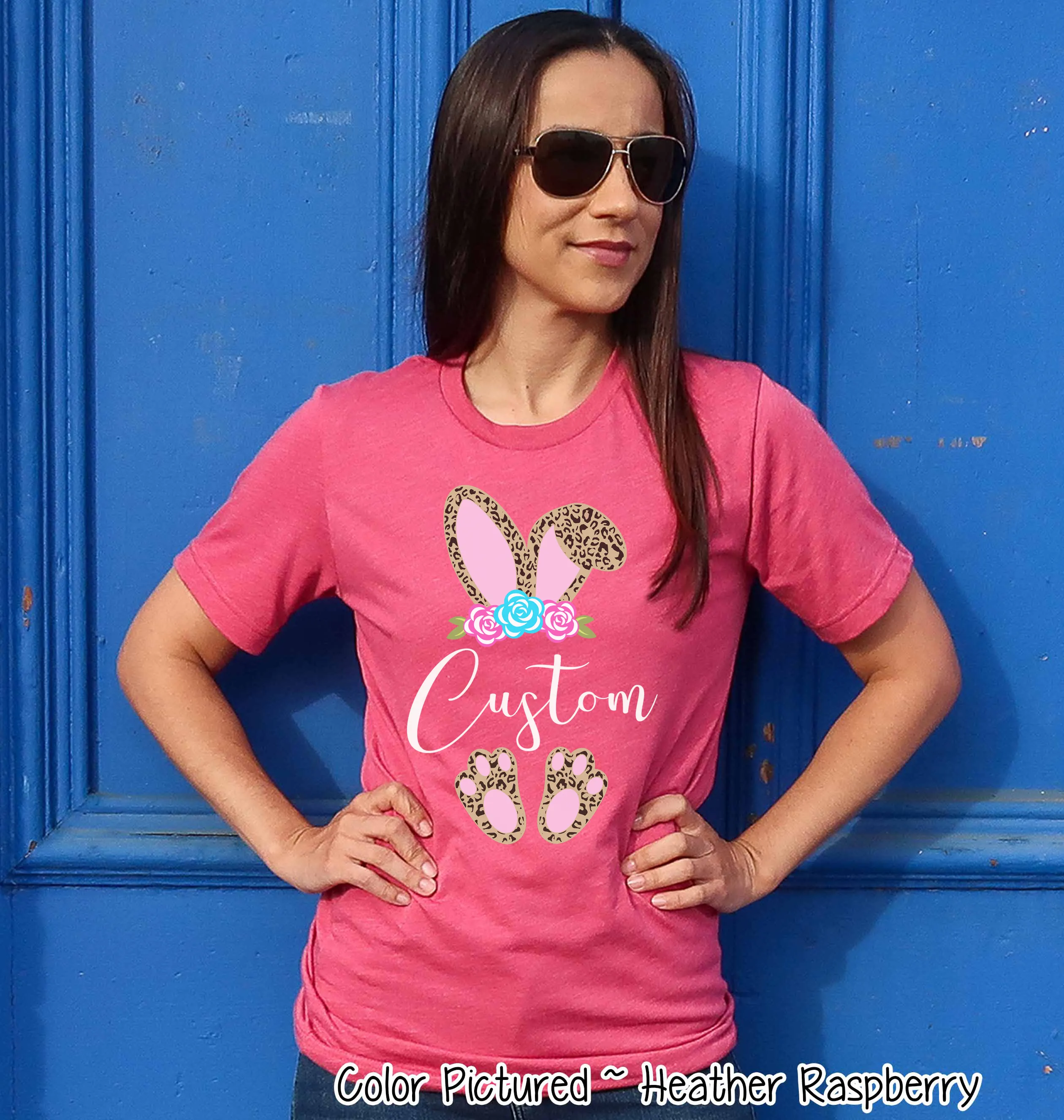 Cheetah Leopard Print Bunny Ears with Custom Name Easter Tee