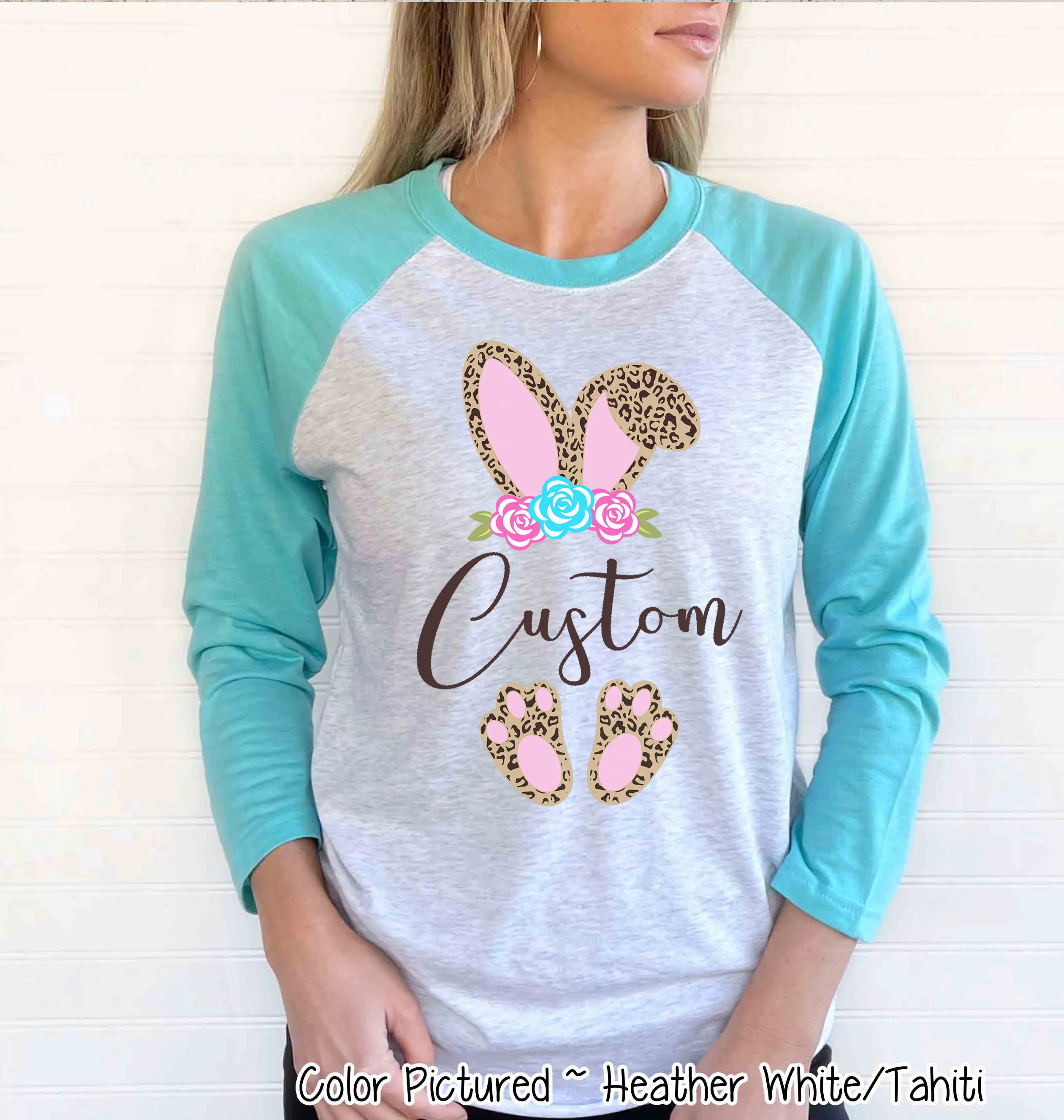 Cheetah Leopard Print Bunny Ears with Custom Name Easter Tee