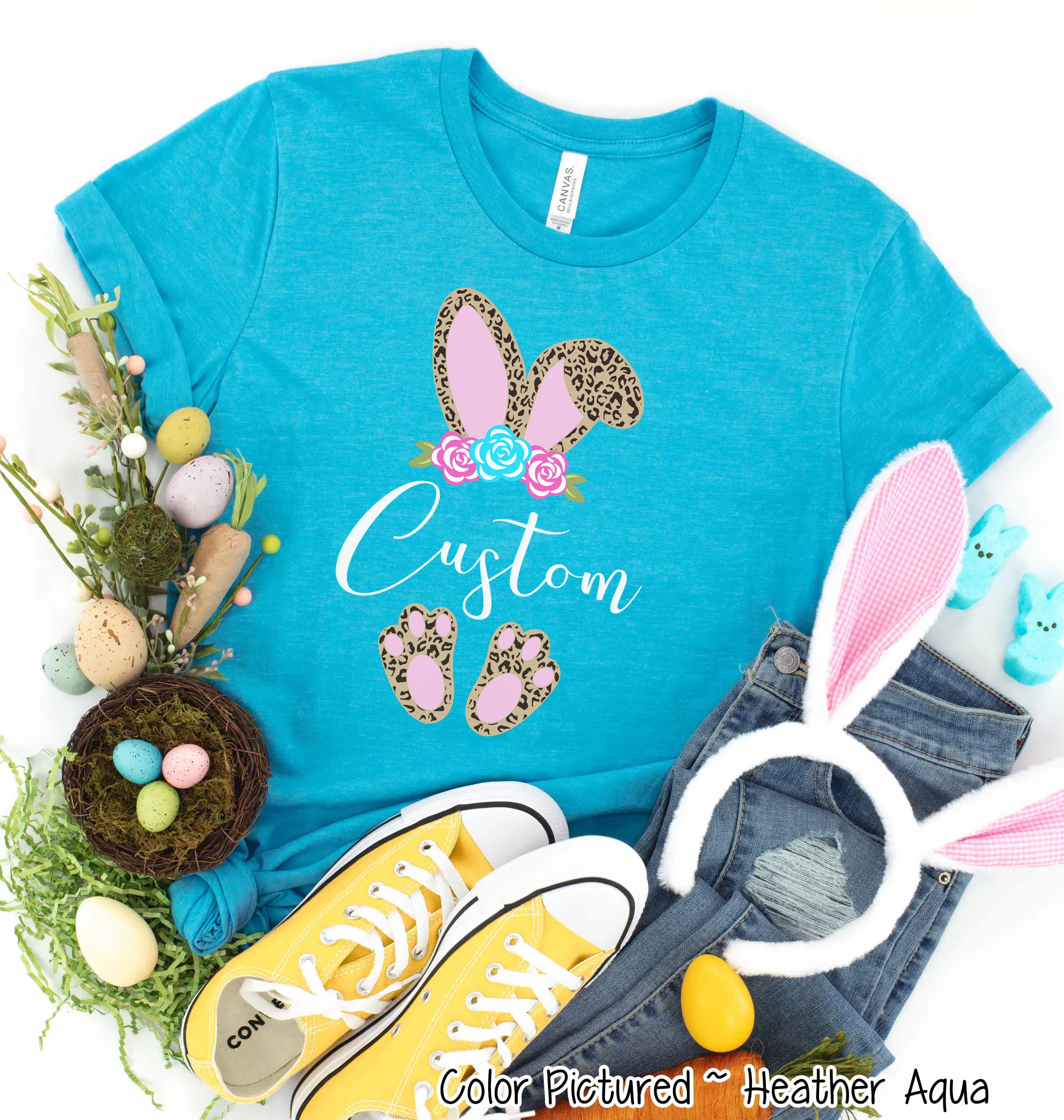 Cheetah Leopard Print Bunny Ears with Custom Name Easter Tee