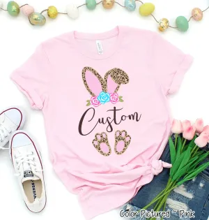 Cheetah Leopard Print Bunny Ears with Custom Name Easter Tee