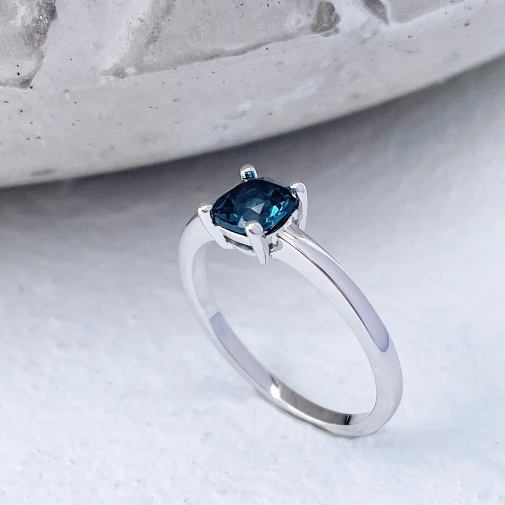 Classic Cushion Cut Solitaire London Blue Topaz Four Claw Ring