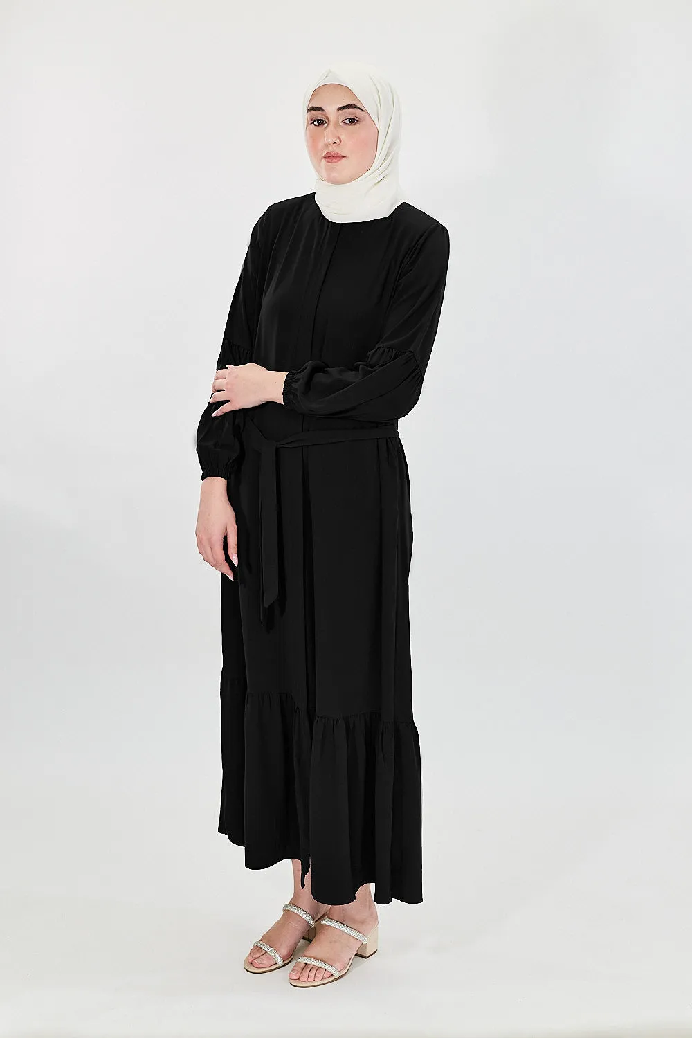 Contour Elegance Belted Modest Abaya Dress| Black