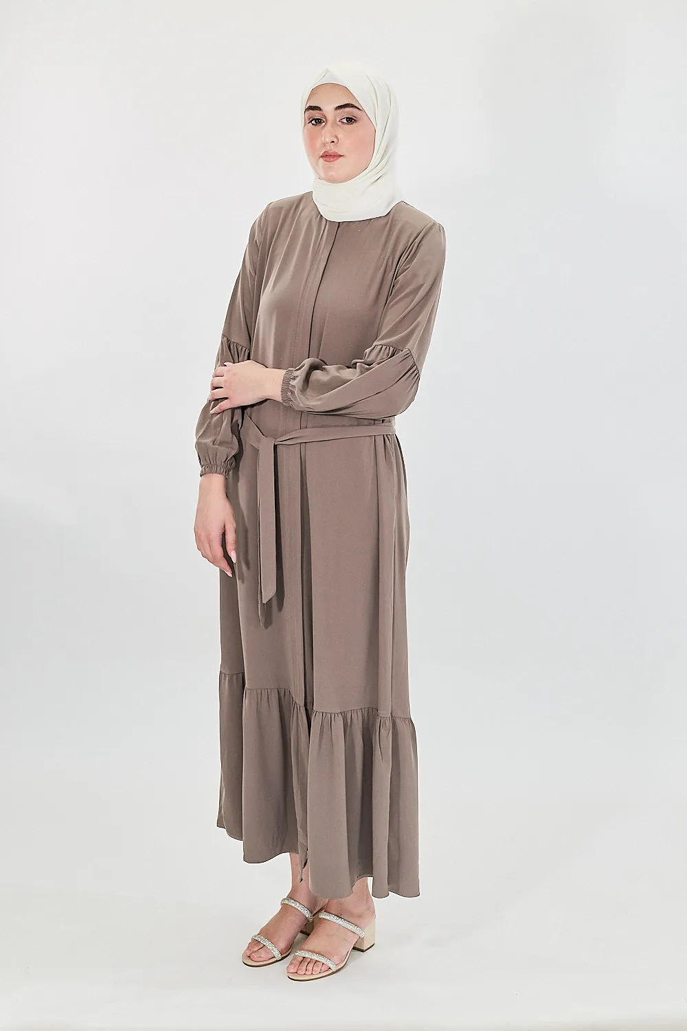 Contour Elegance Belted Modest Abaya Dress | Mink