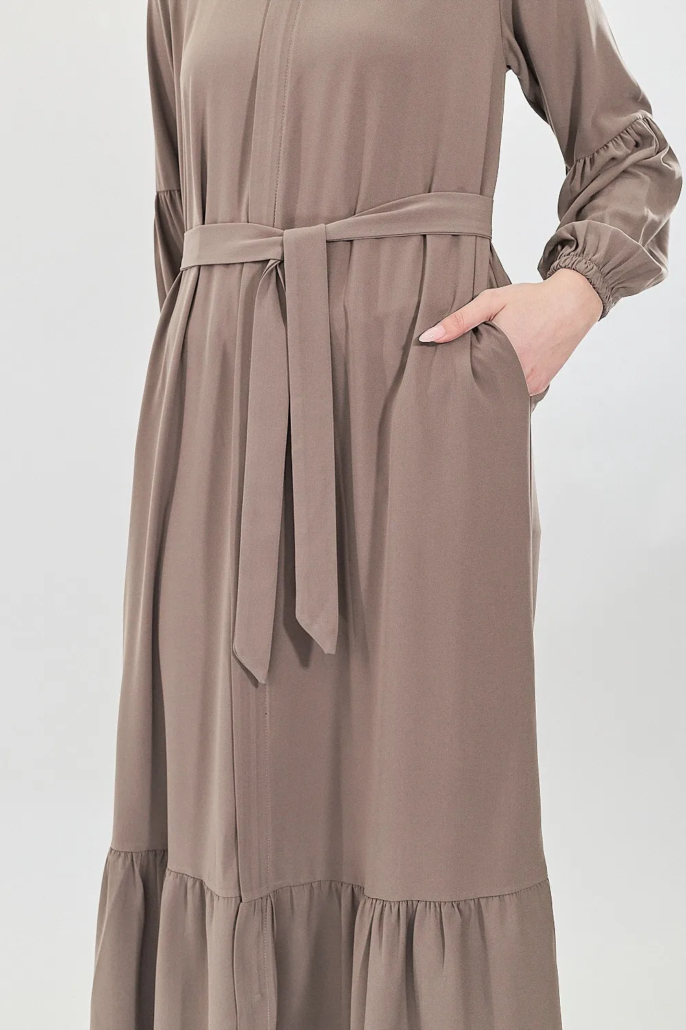 Contour Elegance Belted Modest Abaya Dress | Mink