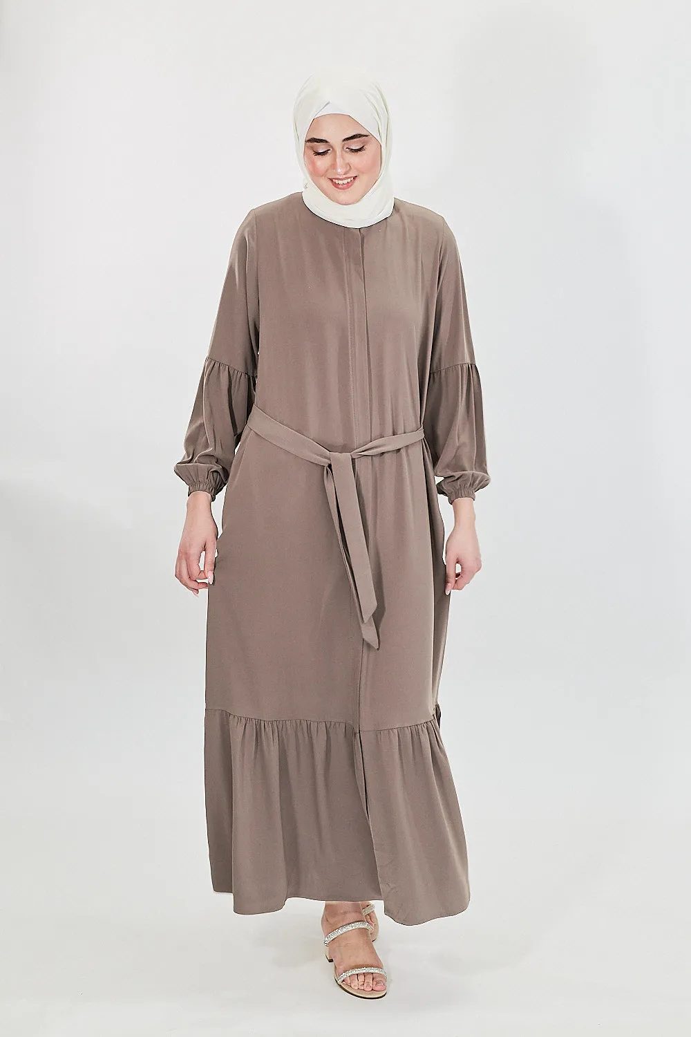 Contour Elegance Belted Modest Abaya Dress | Mink