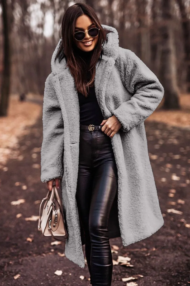 Cozy Longline Teddy Coat with Timeless Solid Color Design
