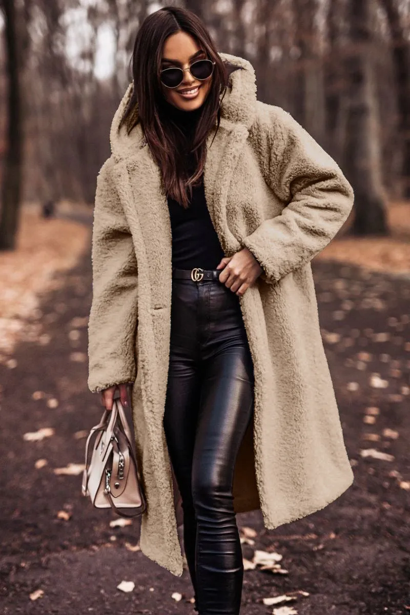 Cozy Longline Teddy Coat with Timeless Solid Color Design