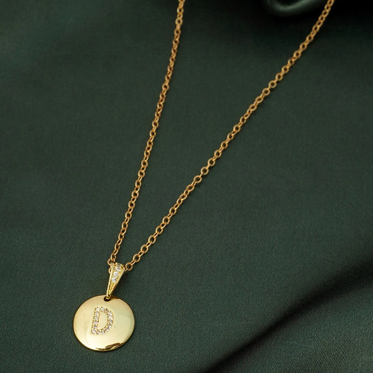 Crystal Studded Alphabet D Gold Coin Necklace