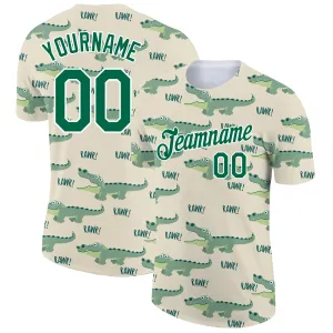 Custom Cream Kelly Green-White 3D Pattern Design Crocodile Performance T-Shirt