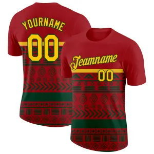 Custom Red Yellow-Green 3D Pattern Design Black History Month Performance T-Shirt