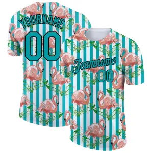 Custom White Teal-Black 3D Pattern Design Tropical Hawaii Flamingo Performance T-Shirt