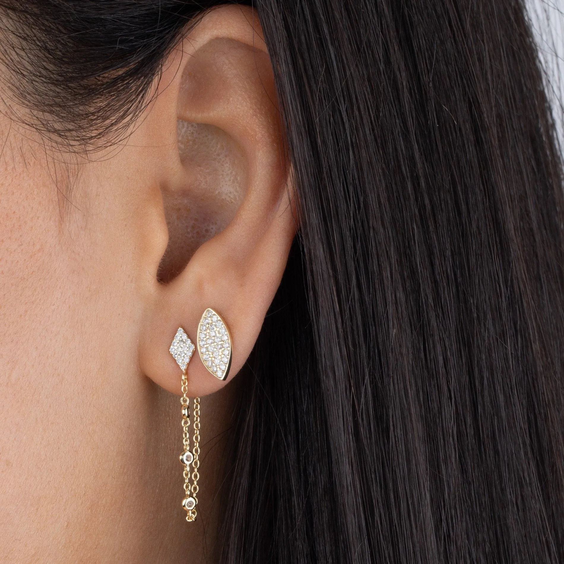 CZ Diamond Shape Chain Stud Earring