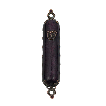 (D) Judaica Jeweled Enamel Mezuzah Case 4.75'' Coppertone Metal (Purple)