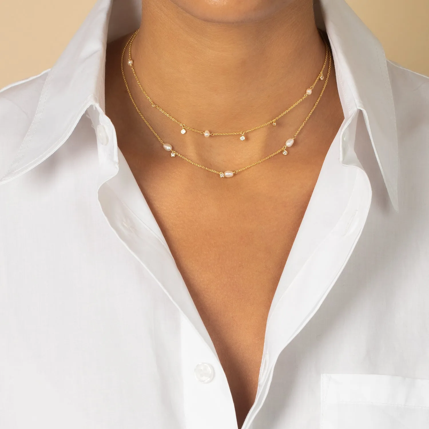 Dainty CZ X Pearl Dangling Necklace