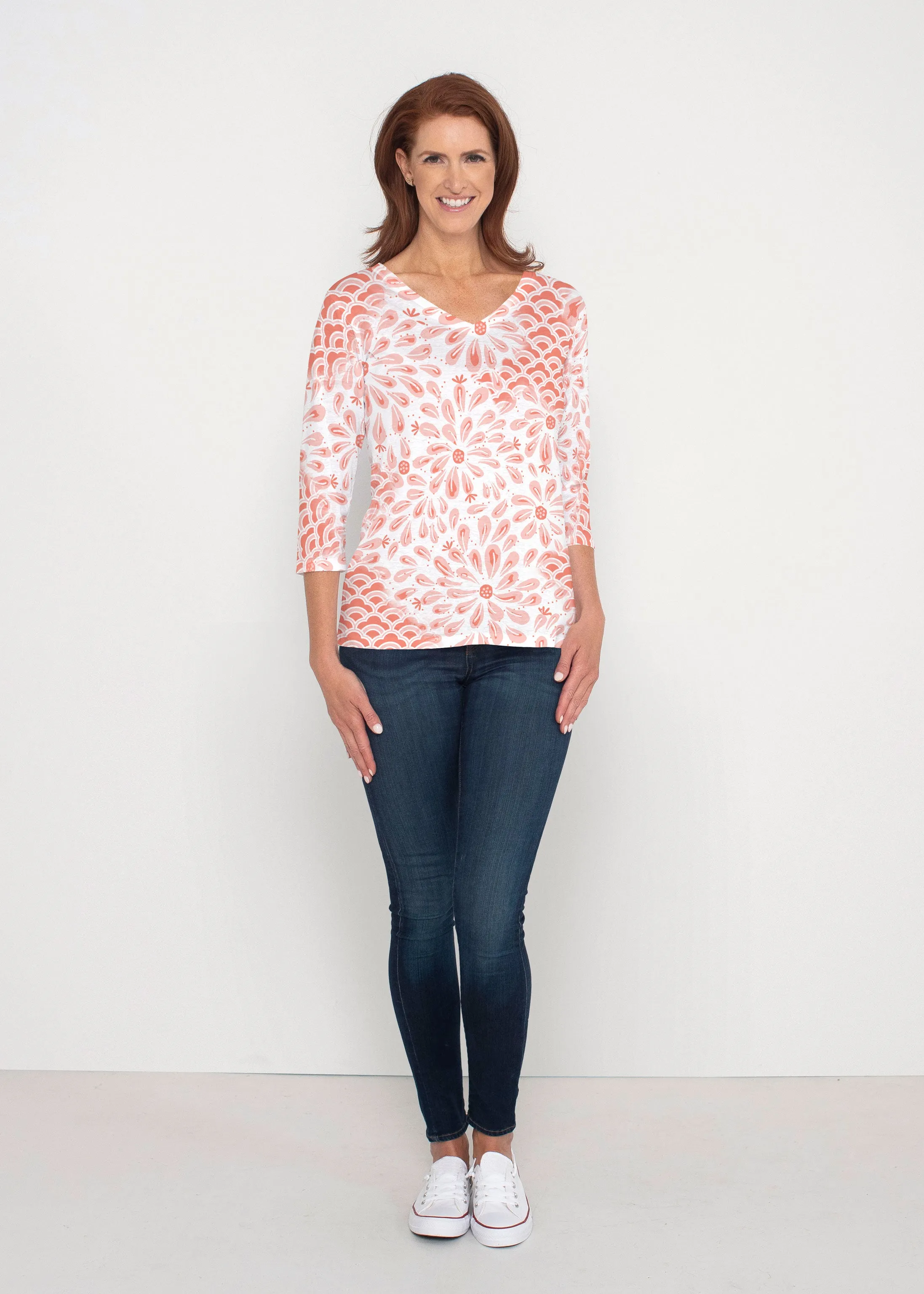 Daybreak Orange (8084) ~ Signature 3/4 Sleeve V-Neck Top