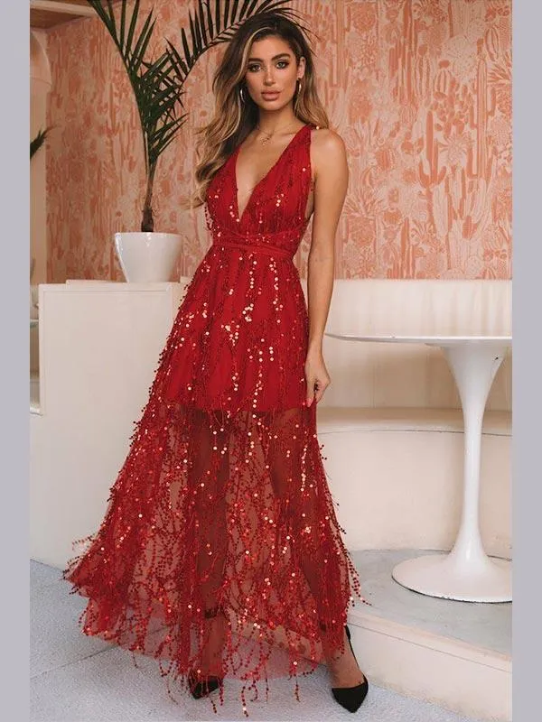 Deep V Sequin Back Cross Prom Maxi Dress