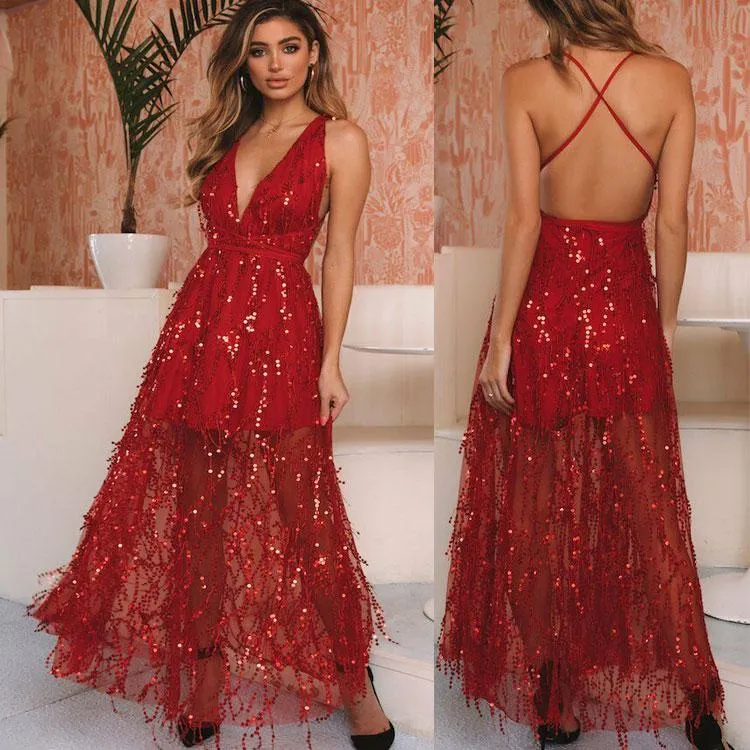 Deep V Sequin Back Cross Prom Maxi Dress