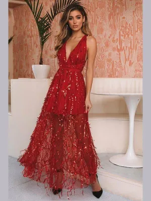 Deep V Sequin Back Cross Prom Maxi Dress