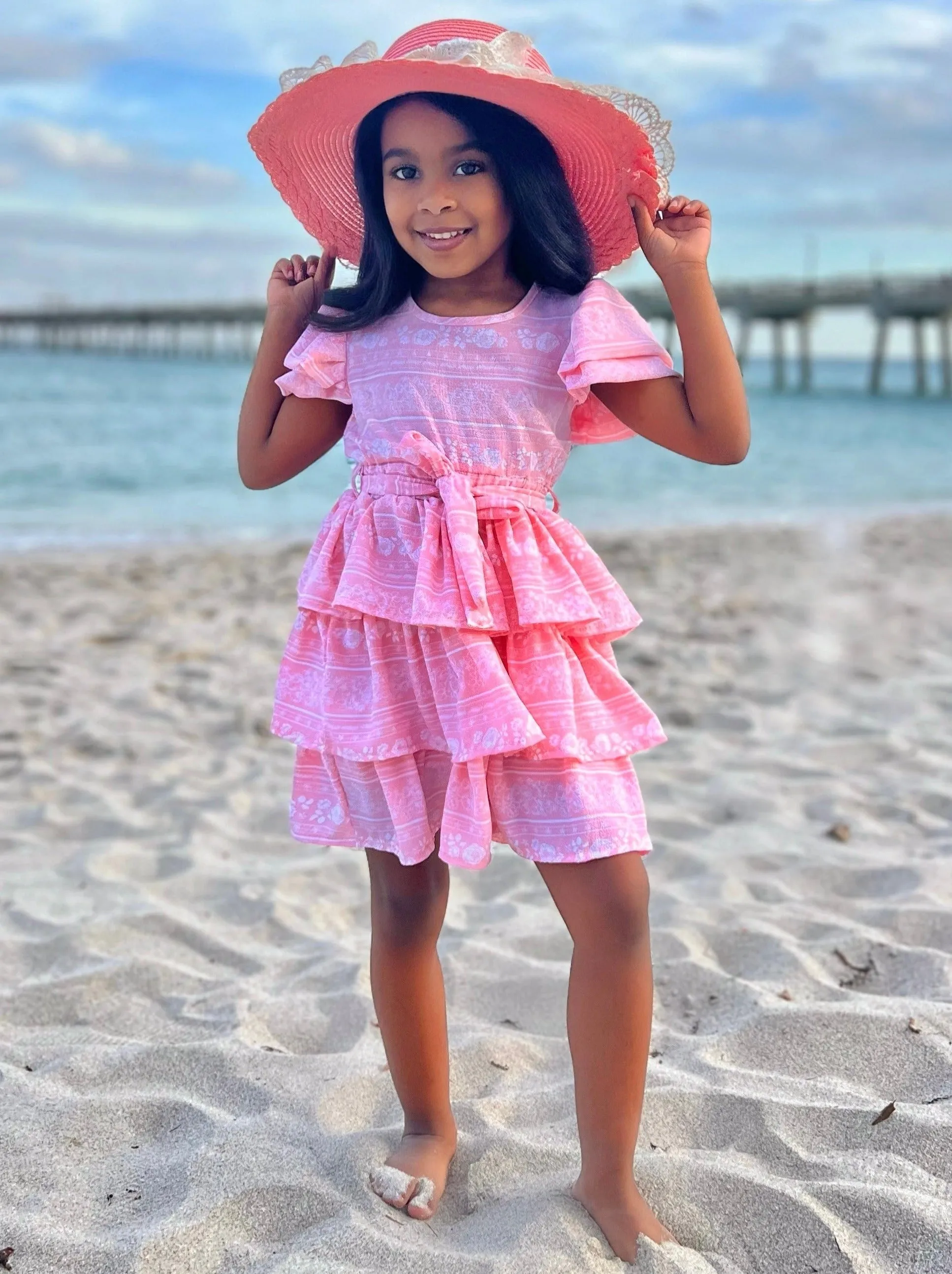 Delicate Twirls Pink Tiered Ruffle Dress