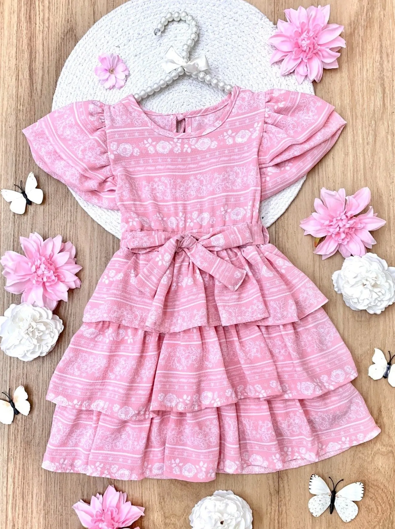 Delicate Twirls Pink Tiered Ruffle Dress
