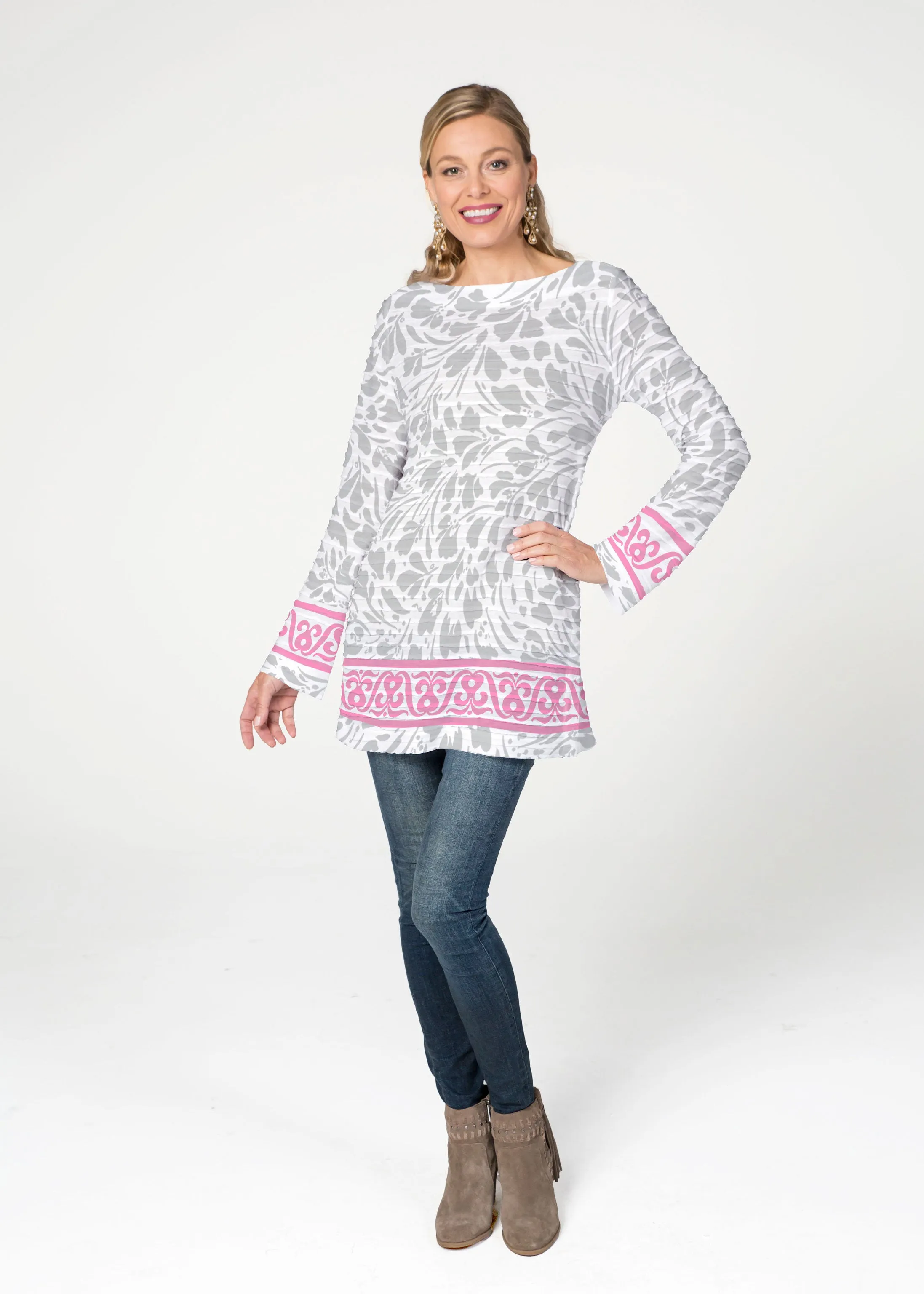 Ditsy Grey (7936) ~ Banded Boatneck Tunic